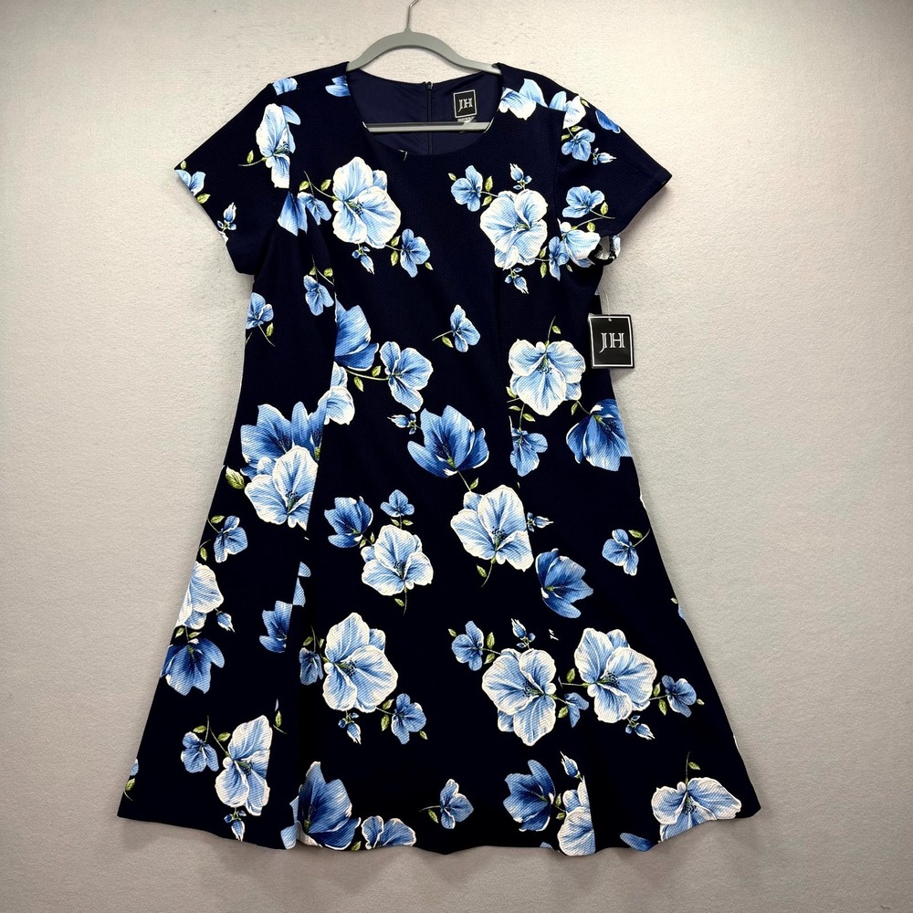 JH Design Shift Dress Women's 16W Navy Blue Floral Stretch Cap Sleeve Back Zip